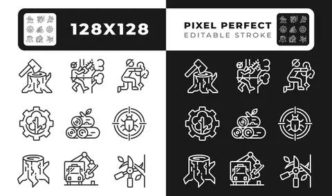 Forestry industry linear icons set for dark, light mode Stock Illustration
