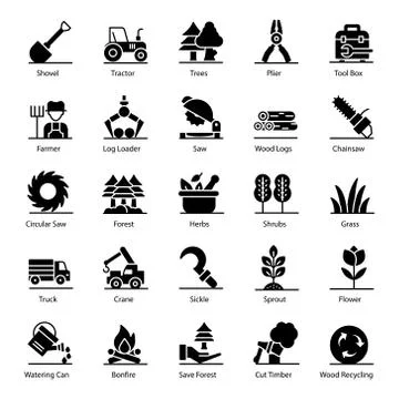Forestry Solid Icon Vectors Pack Stock Illustration