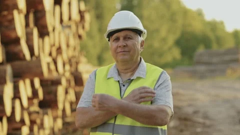 Forestry worker in helmet on background of sawn logs. Logging. Slow motion Video stock 242695546