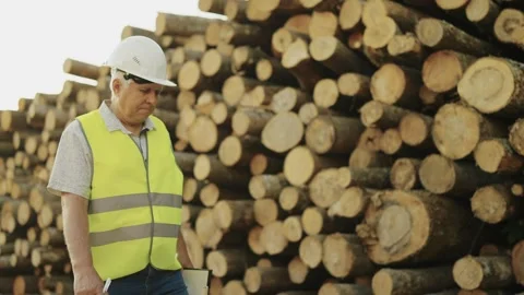 Forestry worker with paper tablet in white helmet and light green vest checks 스톡 동영상 242921972