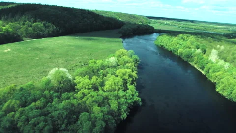 Forests, fields, river view from a helicopter. Desna river Stock Footage 154657155