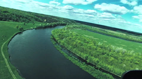 Forests, fields, river view from a helicopter. Desna river Видео 154657256