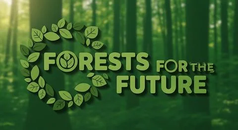 Forests for the future text with leaf wreath and tree icon, against blurred.. Stock Illustration