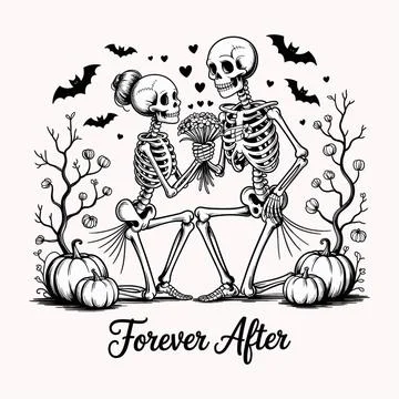 Forever after skeleton couple gothic halloween art Stock Illustration