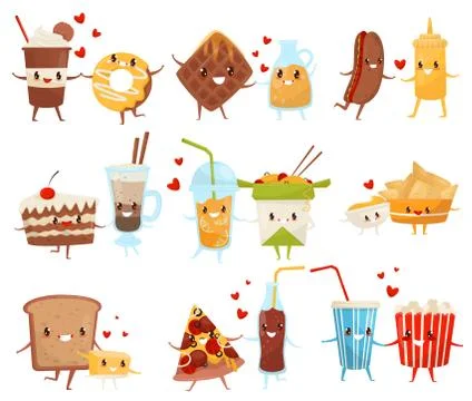 Forever friends set, cute funny food and drinks cartoon characters, fast food Ilustração Stock