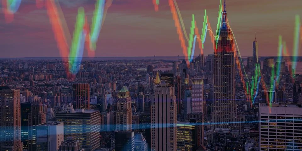 Forex chart on cityscape with skyscrapers wallpaper Stock Photos