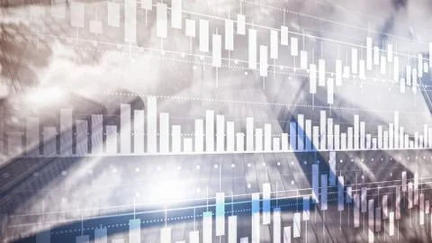 Forex graph on buildings abstract background. Mixed media. Ilustración de archivo