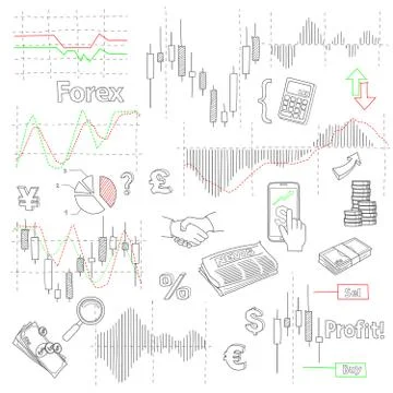 Forex market hand drawn vector background with business, financial data and Stock Illustration