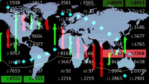 Forex stock market chart ticker board and holographic earth map on background - Video stock 80478054