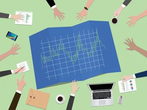 Forex tader graph chart concept illustration with hand team work together on top Stock Illustration