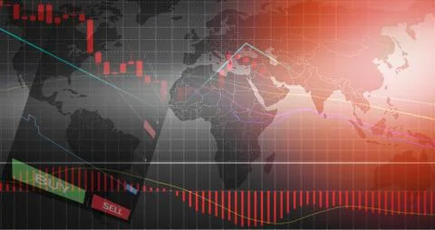 Forex trading / forex charts graph board data on world map background BUY and Stock Illustration