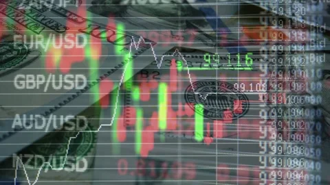 Forex Trading Stock Chart Overlay on One Hundred US Dollar Bill Видео 336900573