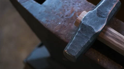 Forge workshop, hammer for beating hot metal, for formation of products, lies on Stock Footage 160509037
