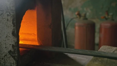 Forge workshop. Smithy manual production. Gas furnace for heating metal. Modern Stock Footage 121113712