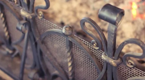Forged grating fireplace in a country house Stock Footage