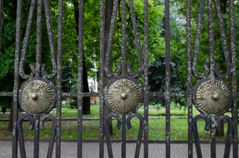 Forged iron decorative element in the shape of spiral, covered with green lic Stock Photos