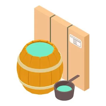 Forging equipment icon isometric vector. Water wood barrel and blacksmith lad Stock Illustration
