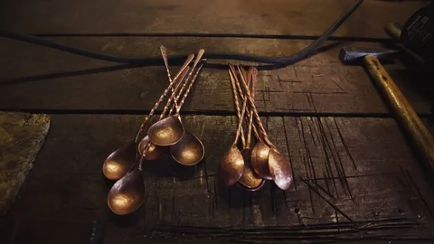 Forging workshop. Blanks for spoons. Stock Footage 94937321