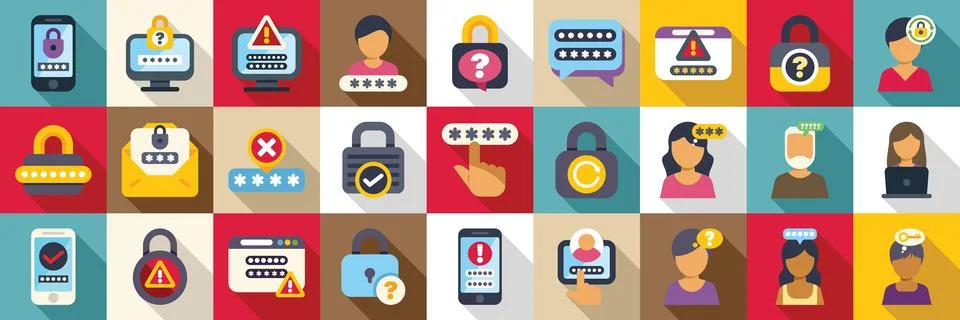 Forgot password icons set. Various icons representing password protection, lo Stock Illustration
