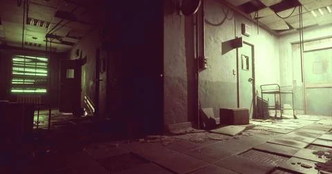 Forgotten corridor of abandoned building with scattered debris and dim light Ilustración de archivo