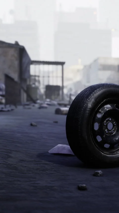 Forgotten tire rests in a desolate street surrounded by debris and silence 動画素材 341439498