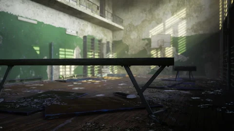Forgotten workout area featuring broken equipment and dramatic lighting effects Stock Footage 340665990
