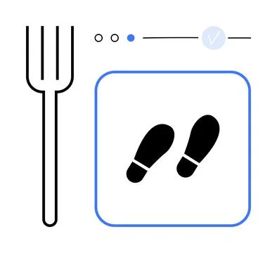 Fork and footsteps in black, blue progress indicator with check mark, minimal Stock Illustration