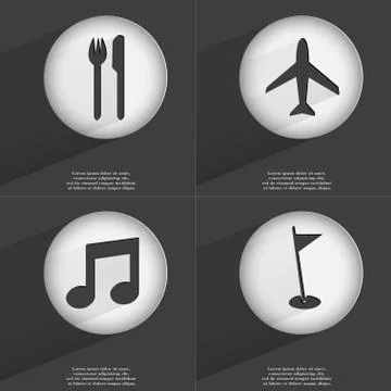 Fork and knife, Airplane, Note, Golf hole icon sign. Set of buttons with a flat Stock Illustration