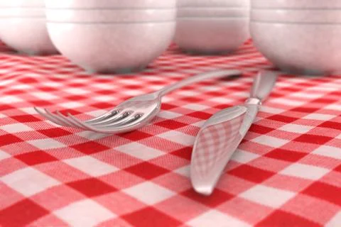 Fork and Knife closeup on a red table cloth Stock Illustration