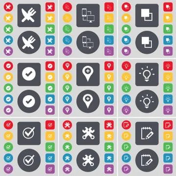 Fork and knife, Connection, Copy, Tick, Checkpoint, Light bulb, Tick, Wrenches, Stock Illustration