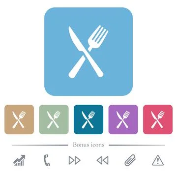 Fork and knife in crossed position white flat icons on color rounded square b Stock Illustration