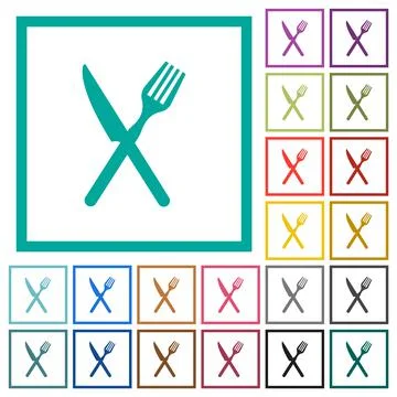 Fork and knife in crossed position flat color icons with quadrant frames 库存插图