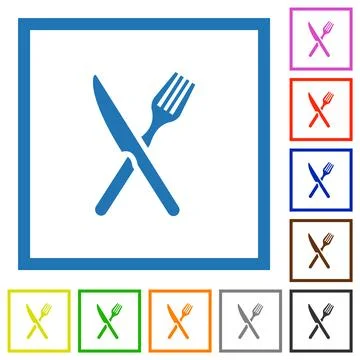 Fork and knife in crossed position flat framed icons Illustrazione stock