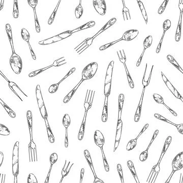 Fork and knife hand drawn pattern. Silverware cutlery and spoon on white Stock Illustration