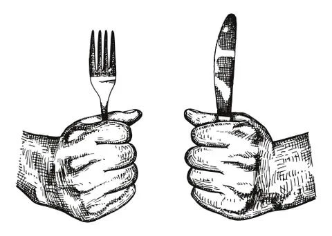 Fork and knife in hand vector. Cutlery manual drawing Stock Illustration