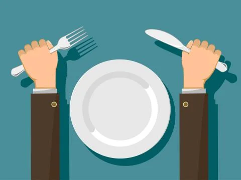 Fork and knife in hands and a white empty plate. Stock Illustration