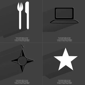 Fork and knife, Laptop, Compass, Star. Symbols with long shadow. Flat design Stock Illustration