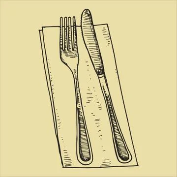 Fork and knife on a napkin pattern. Sketch vector illustration Stock Illustration