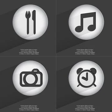 Fork and knife, Note, Camera, Alarm clock icon sign. Set of buttons with a flat イラスト素材
