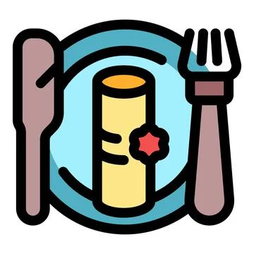 Fork and knife pointing at rolled pastry on plate Stock Illustration