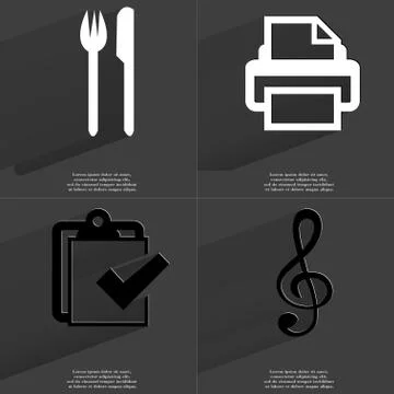 Fork and knife, Printer, Task completed, Clef icon sign. Set of Symbols with  Stock Illustration
