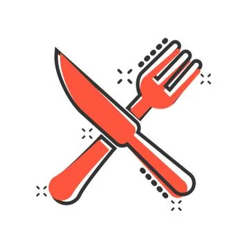 Fork and knife restaurant icon in comic style. Dinner equipment vector cartoo Stock Illustration