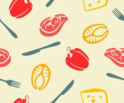 Fork and knife, steak, fish, cheese and bell pepper, seamless vector Stock Illustration
