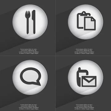 Fork and knife, Tasklist, Chat bubble, SMS icon sign. Set of buttons with a flat Stock Illustration