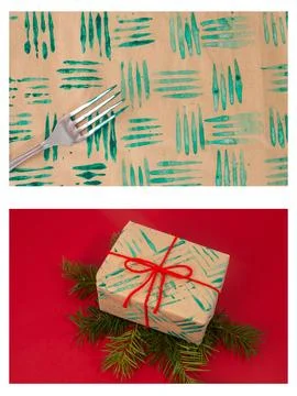 Fork and paint decorative stamp tutorial, DIY personalized wrapping paper. .. Stock Photos
