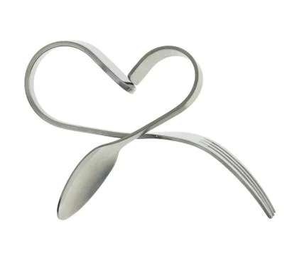 Fork and spoon bent in shape of heart isolated Stock Photos