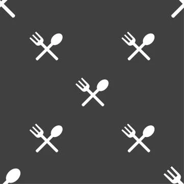 Fork and spoon crosswise, Cutlery, Eat icon sign. Seamless pattern on a gray bac Stock Illustration