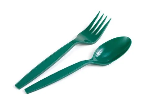 Fork and spoon, kitchenware plastic on white background Stock Photos