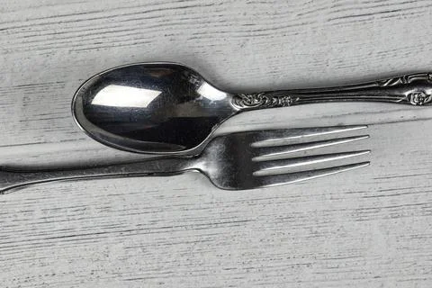 Fork and spoon on a white back ground Foto stock