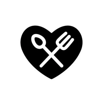 Fork and spoon white simple silhouettes in heart black shape icon. Stock Illustration